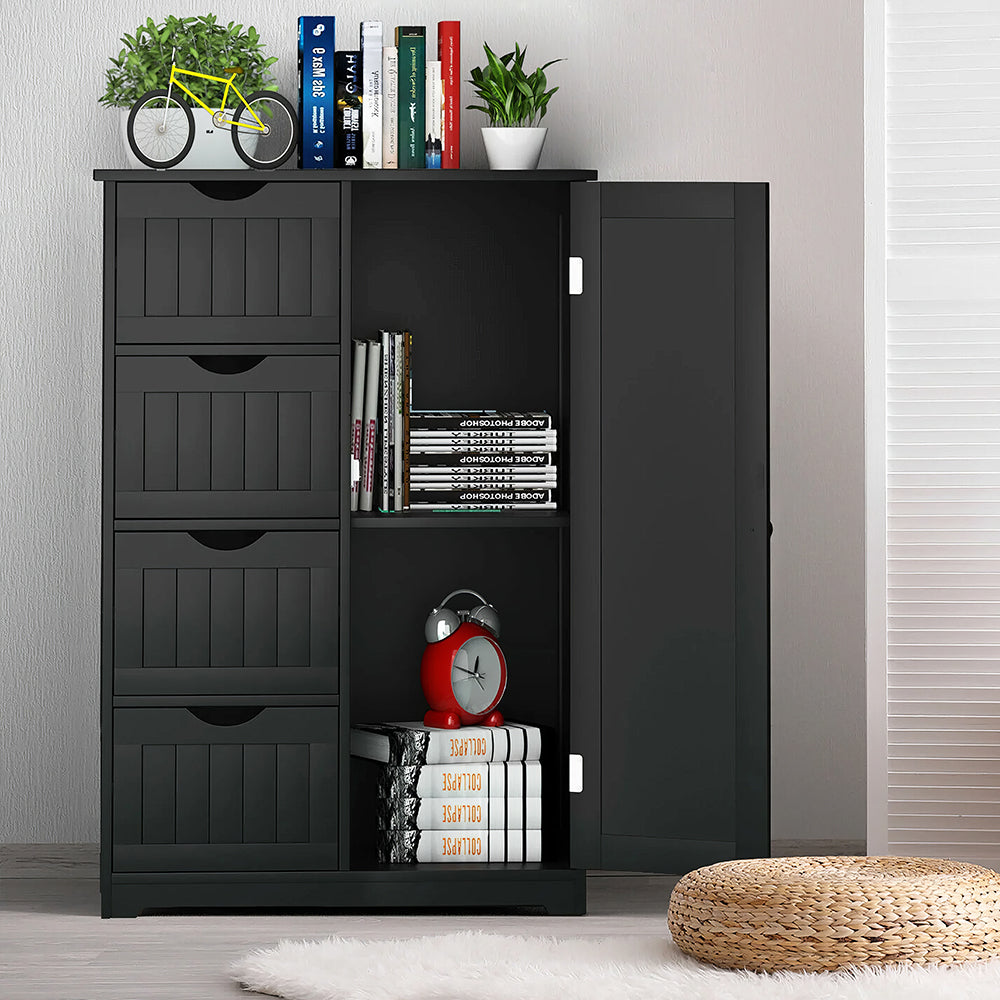 White Bathroom Floor Cabinet with Drawers and Adjustable Shelf