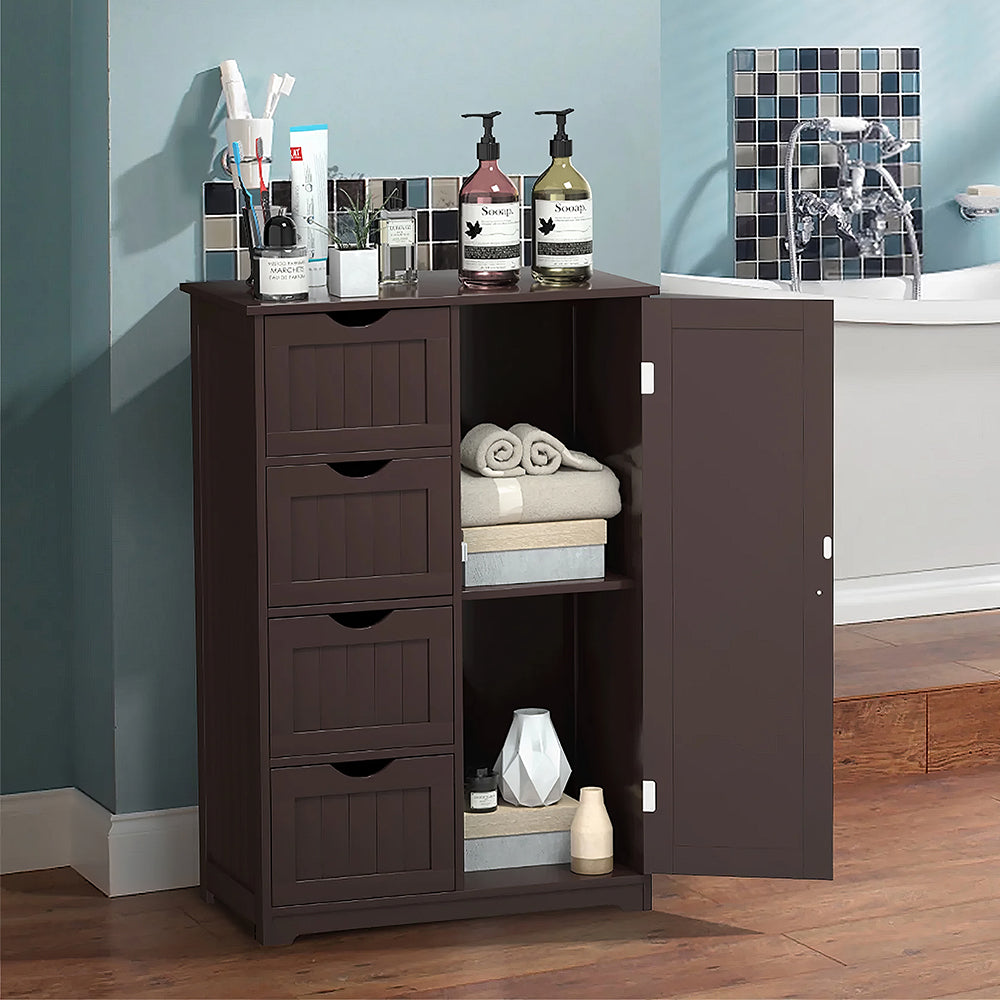 White Bathroom Floor Cabinet with Drawers and Adjustable Shelf