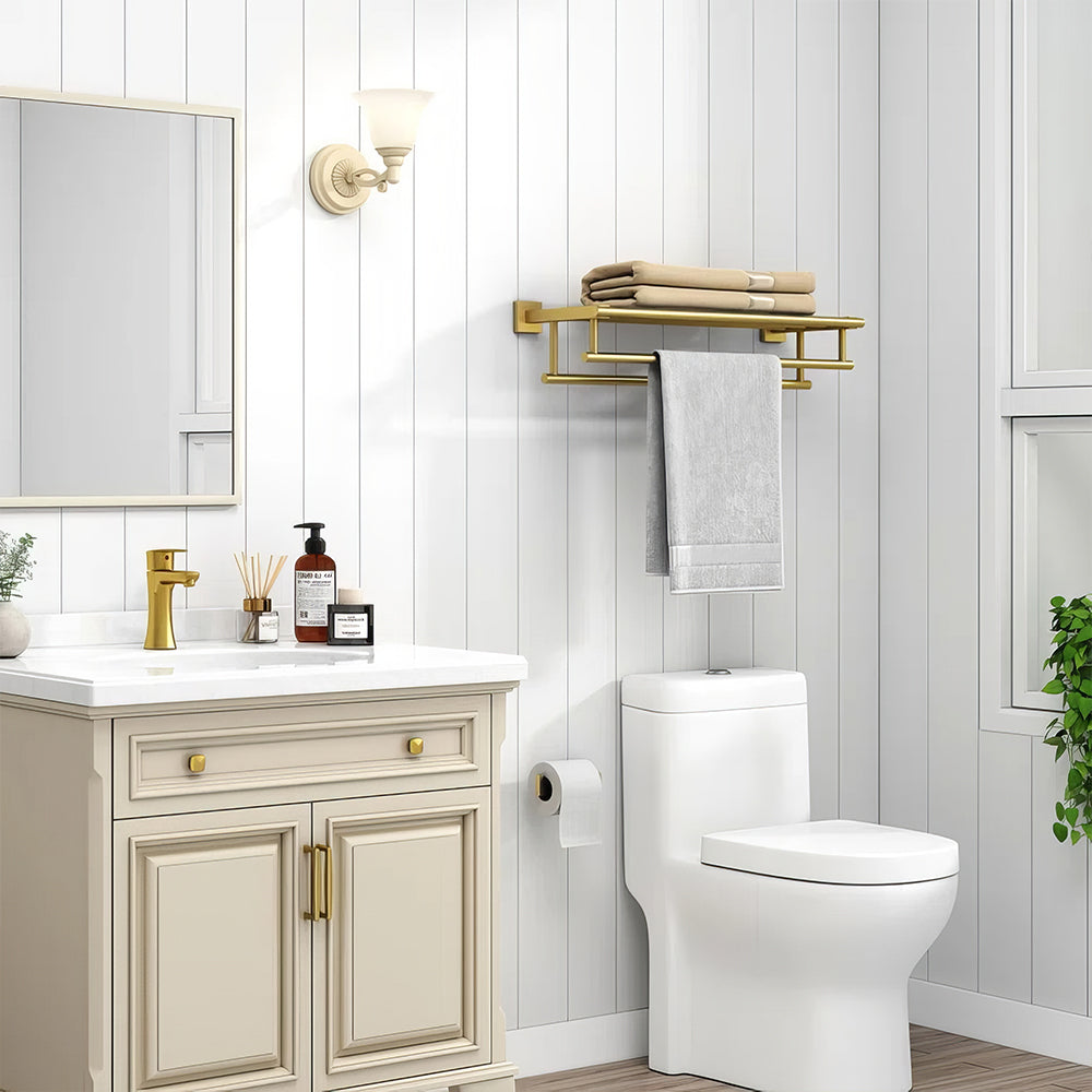 Stainless Steel Wall Mounted Double Towel Rack with Shelf
