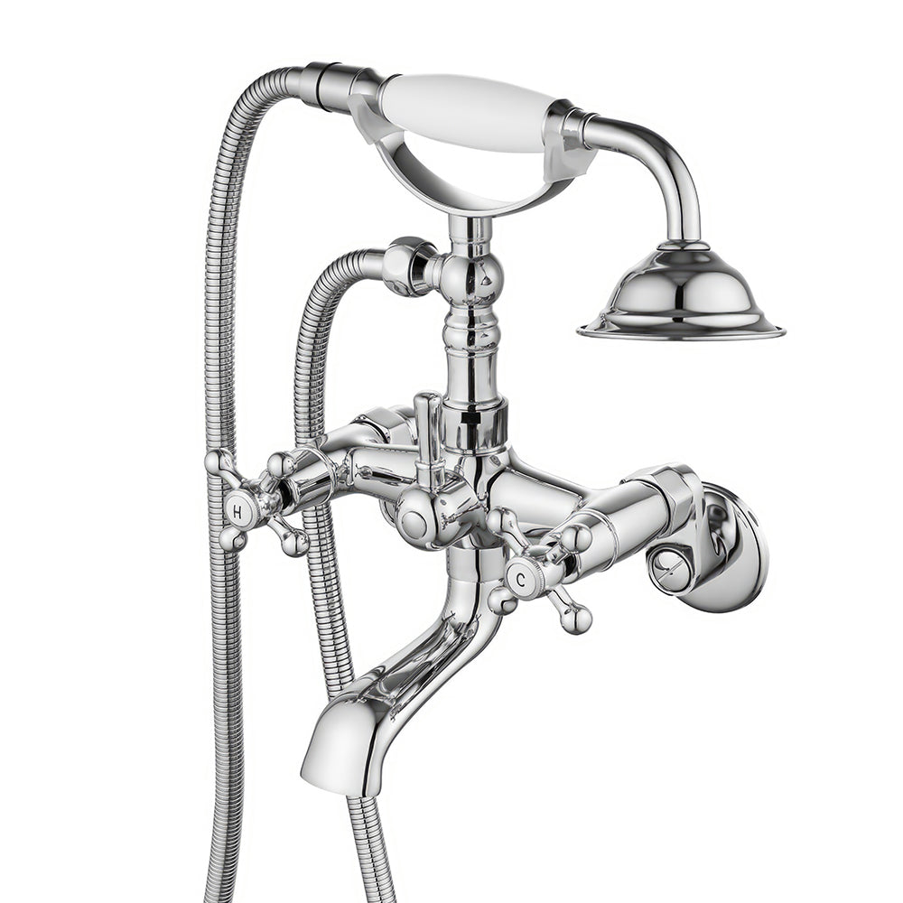 Wall Mount Tub Faucet with Hand Shower Polished Chrome Brass