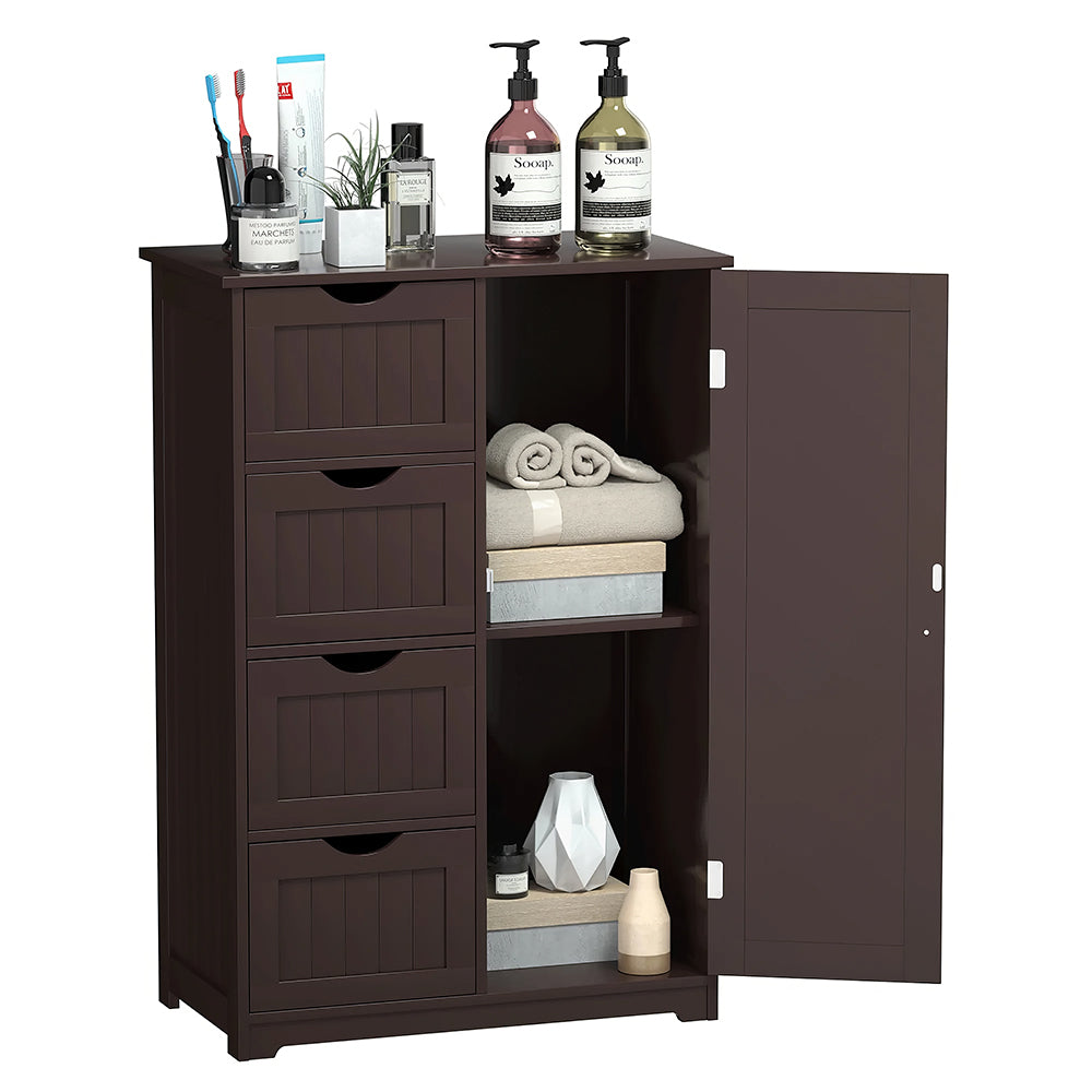 White Bathroom Floor Cabinet with Drawers and Adjustable Shelf