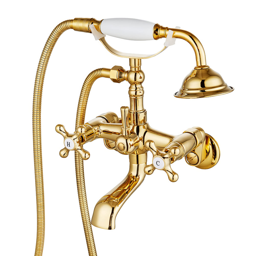 Wall Mount Tub Faucet with Hand Shower Polished Chrome Brass