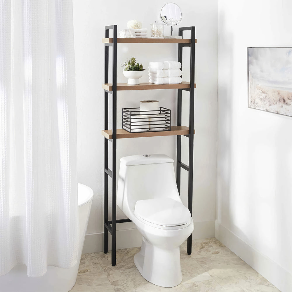 Over the Toilet Storage Rack with Adjustable Frame and Oak Finish
