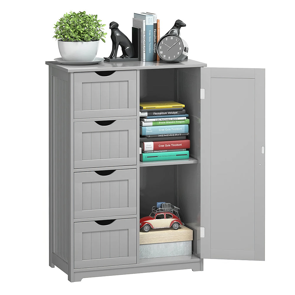 White Bathroom Floor Cabinet with Drawers and Adjustable Shelf