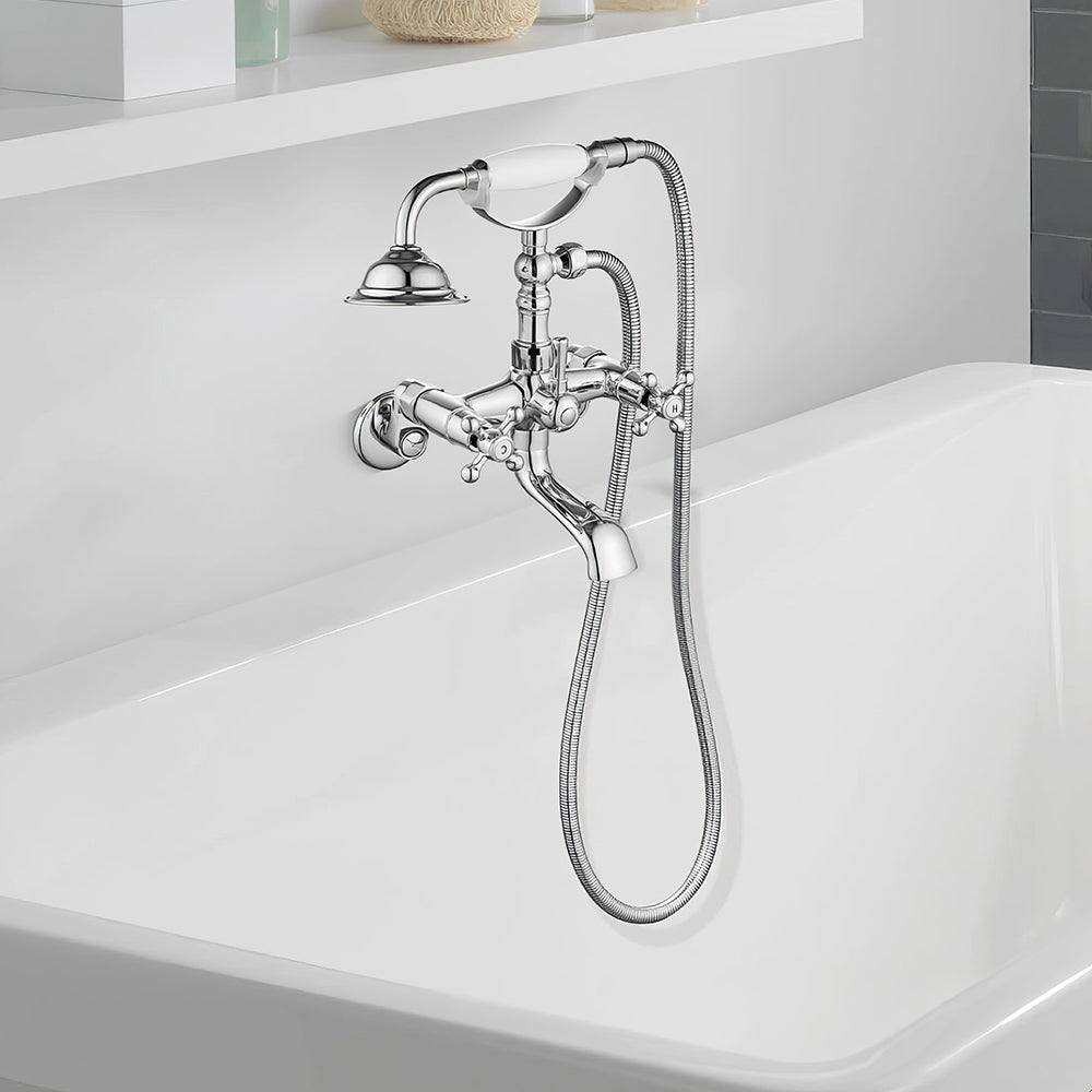 Wall Mount Tub Faucet with Hand Shower Polished Chrome Brass