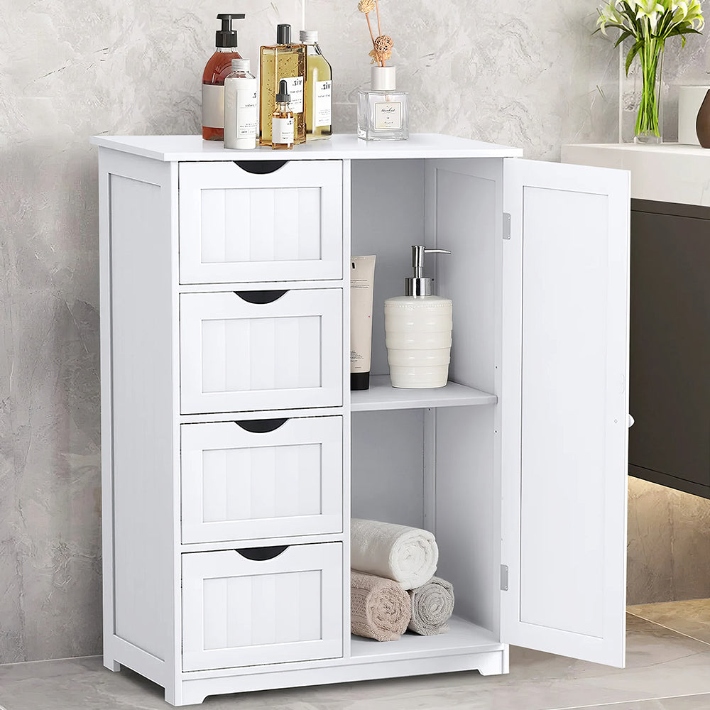 White Bathroom Floor Cabinet with Drawers and Adjustable Shelf